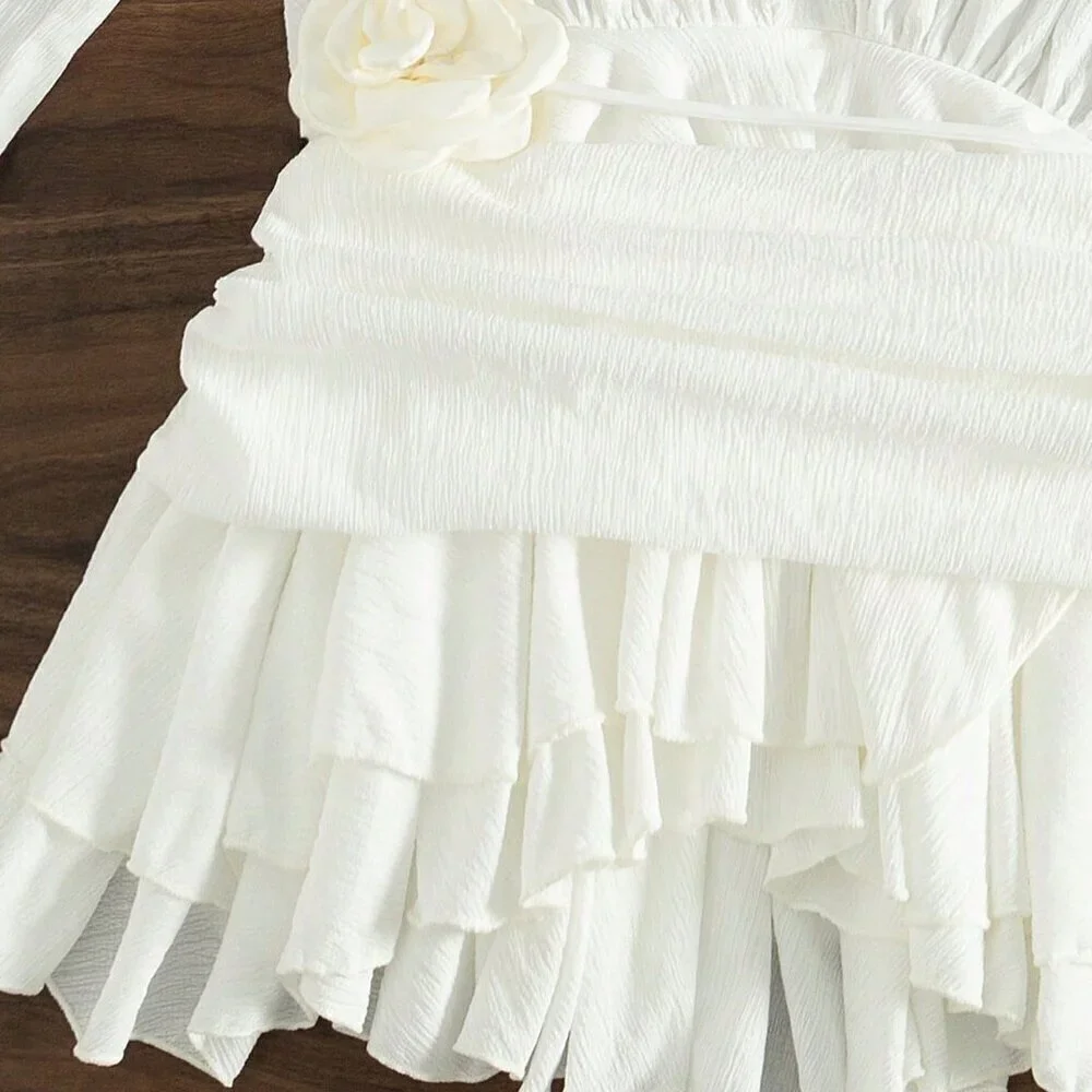 White Women's Ruffle Trim Flounce Sleeve Cover Up Dress Without Bikini